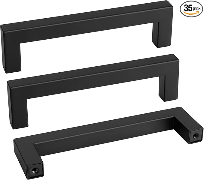 goldenwarm 35 Pack 4-1/2 Inch Black Cabinet Handles Matte Black Drawer Pulls Stainless Steel Cabinets Hardware Square Bar Modern for Kitchen Bathroom Cupboard