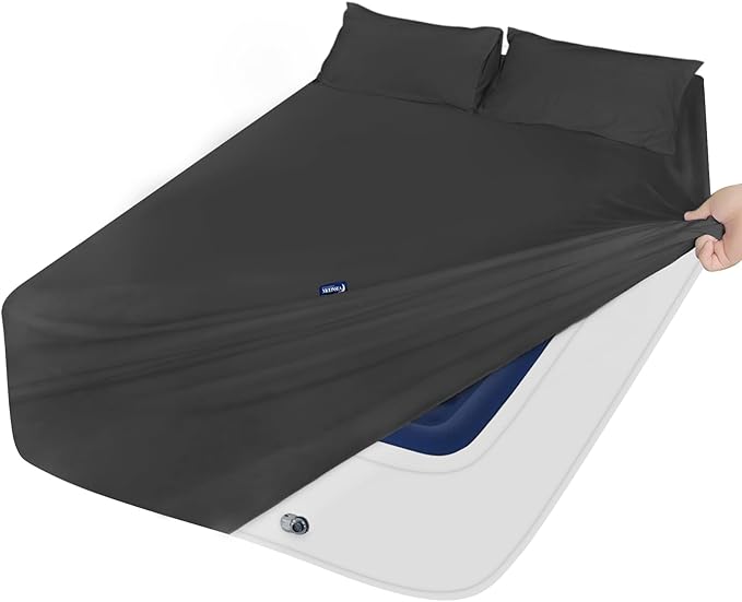King Size Sheets Set for Air Mattress - Deep Pocket King Sheet Set - 3Pcs Side Storage Pocket Fitted Sheet & Pillowcases Easily Fits 16in to 24in Pillow Top Bed Mattress, Black