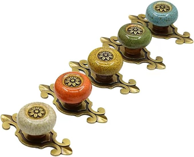 5 Pack Retro Ceramic Knobs,Vintage Dresser Kitchen Petal Cabinet Pulls Rustic Zinc Alloy Base Back Plate Kid Cupboard Wardrobe Drawer Door Handles (Leopard Print Orange)