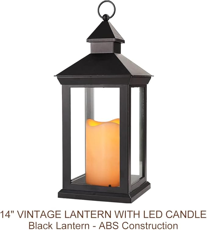 Bright Zeal 2-Pack 14" Decorative Candle Lantern Black Outdoor Lanterns with Timer Candles - IP44 Waterproof Vintage Lanterns Battery Powered LED Decorative for Wedding - Warm White Hanging Wall