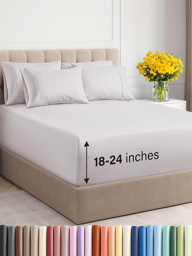 Extra Deep Cal King Sheet Set - 6 Piece Breathable and Cooling Sheets - Hotel Luxury Bed Sheets Set - Easy Fit - Soft, Wrinkle Free and Comfy Sheets Set - French Grey Sheet Set with Extra Deep Pockets