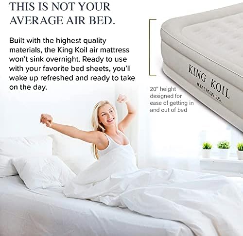 King Koil Luxury California King Air Mattress with Built-in Pump for Home, Camping & Guests - 20” King Size Inflatable Airbed Luxury Double High Adjustable Blow Up Mattress, Durable Waterproof