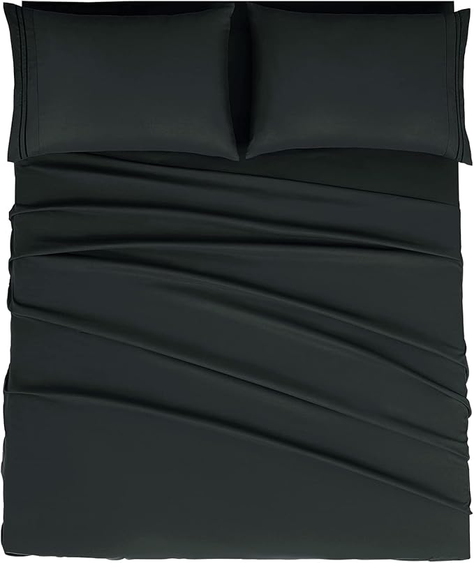 Mejoroom King Size Bed Sheet Set - Hotel Luxury 1800 Bedding Sheets & Pillowcases - 16" Deep Pocket Fitted Sheet, Soft, Breathable, Wrinkle & Fade Resistant - 4 Piece(King, Black)