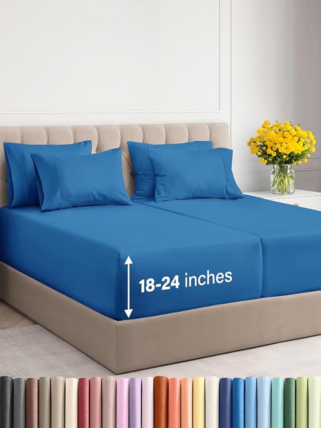 Extra Deep Split King Sheet Set - 7 Piece Breathable & Cooling Sheets - Hotel Luxury Bed Sheets Set - Easy Fit - Soft, Wrinkle Free & Comfy Sheets Set - Royal Blue Sheet Set with Extra Deep Pockets