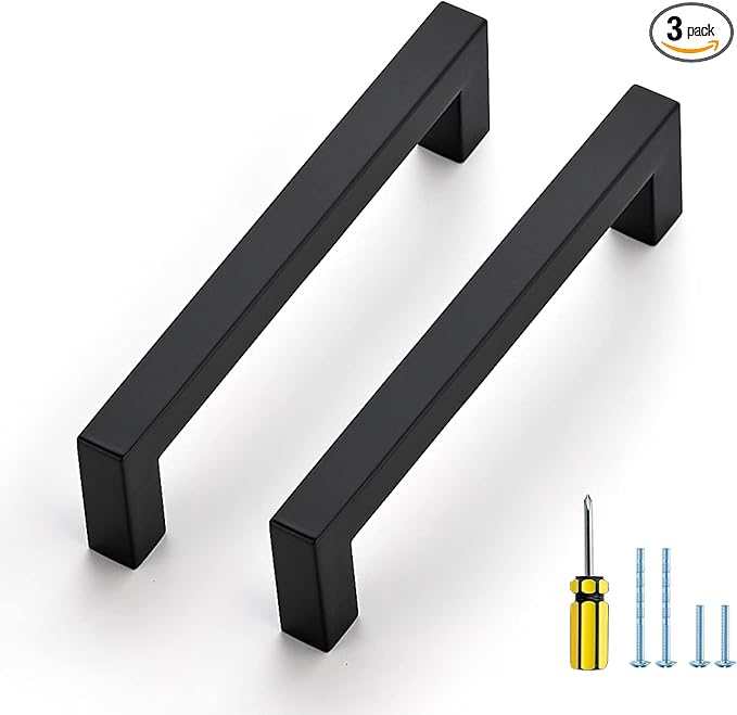 Ravinte 3 Pack Black Cabinet Pulls 5 Inch Square Kitchen Cabinet Handles Matte Black Kitchen Hardware for Drawer Pulls Drawer Handles Come with Screwdriver