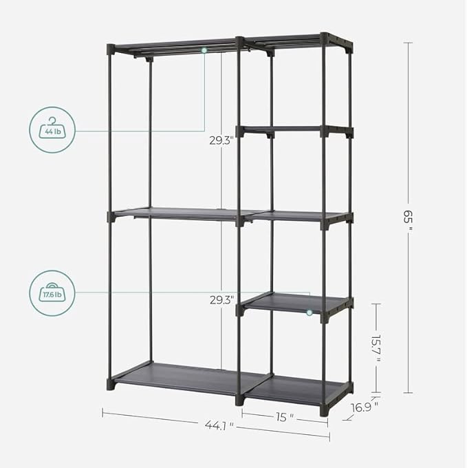 SONGMICS Portable Closet, Freestanding Closet Organizer, Clothes Rack with Shelves, Hanging Rods, Storage Organizer, for Cloakroom, Bedroom, 44.1 x 16.9 x 65 Inches, Gray URYG024G02