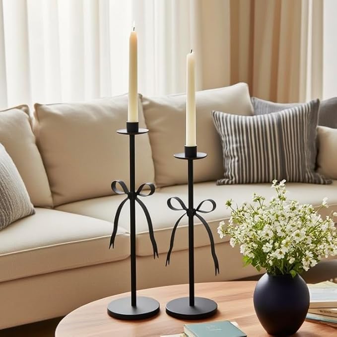Black Taper Candle Holder Set of 2-Metal Bow Candle Sticks Holder Decor,Modern Tall Candle Holder,Decorative Candlesticks for Fireplace, Wedding, Holiday & Christmas