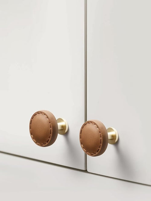 2 Pack Brown Leather Drawer Pulls Round Leather Handles Cabinet knobs for Kitchen Bathroom Cabinets Dressers Furniture Handles