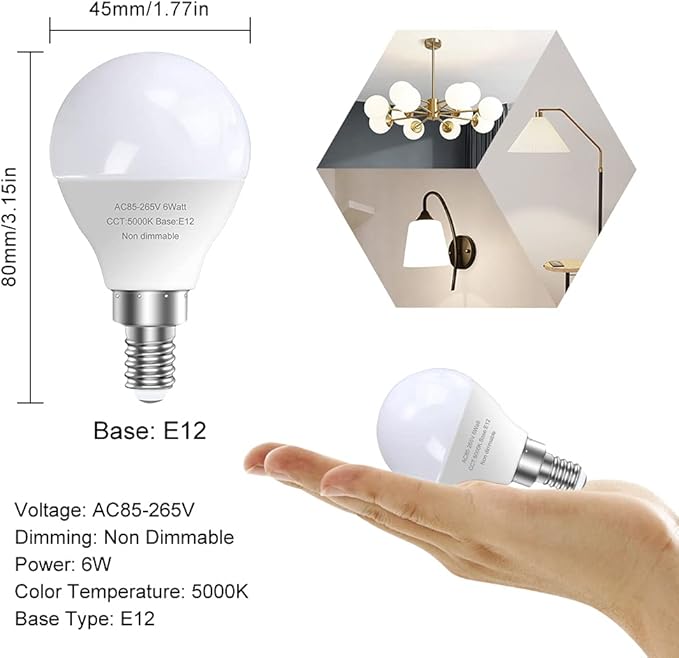 GOSCHE 12 Pack Bright Ceiling Fan Light Bulbs, 60 Watt Equivalent, 5000K, E12 Led Bulb, A15 Shape Candelabra Base Chandelier Light Bulb, 120V Small Bulb, Non-Dimmable, Daylight, 12 Pack