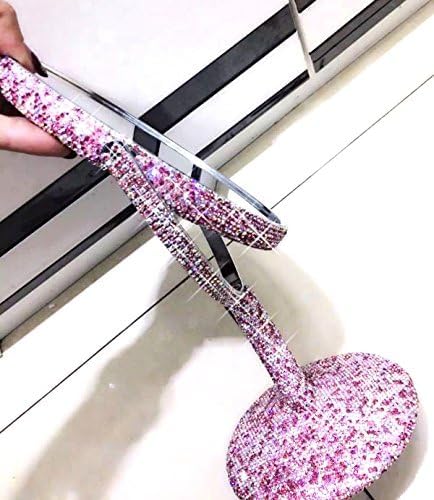 Bling Rhinestone Portable Magnified Double Sided Swivel Makeup Vanity Mirror, 360°Rotate Makeup Mirror Round Shaped Two-Sided Makeup Mirror (Pink)