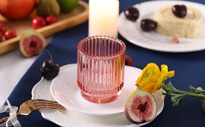 8 Pcs Large Lavender Votive Candle Holders, Tealight Ribbed Candle Holders Glass, Brildal Shower Table Decor,Wedding Centerpieces Table Decorations