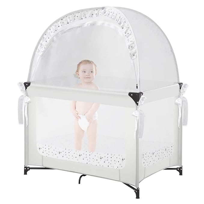 Baby Pack N Play Tent, Pack and Play Canopy to Keep Baby in, Portable Crib Net for Playards, Mini Crib Tent with See Through Mesh, Easy Installation and Transportation White+stars