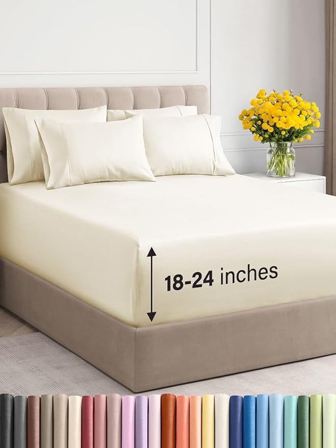 Extra Deep Queen Sheet Set - 6 Piece Breathable & Cooling Sheets - Hotel Luxury Bed Sheets Set - Easy & Secure Fit - Soft, Wrinkle Free & Comfy Sheets Set - Off White Sheet Set with Extra Deep Pockets