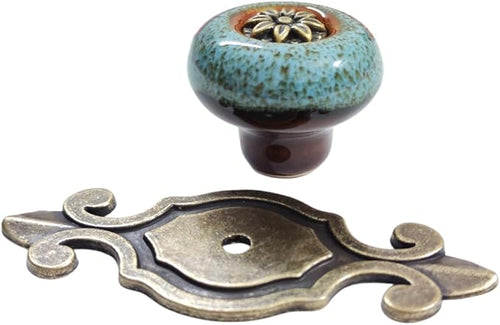 10 Pack Retro Ceramic Knobs,Vintage Dresser Kitchen Petal Cabinet Pulls Rustic Zinc Alloy Base Back Plate Kid Cupboard Wardrobe Drawer Door Handles (Leopard Print Blue)