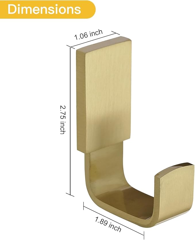 BESy Brass Clothes Hook Single Towel Hook for Bathroom Kitchen Garage Square Style Robe Hooks Coat and Hat Hook, Self Adhesive with Glue or Wall Mounted with Screws, Two Packs, Brushed Gold