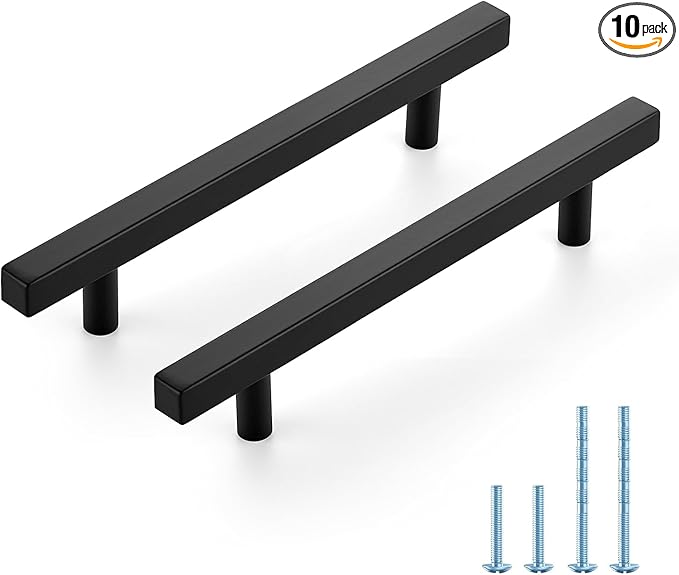 JOY DECOR 10 Pack 5 Inch Matte Black Square Cabinet Handles Stainless Steel Cabinet Hardware Pulls for Kitchen and Drawers with 7-3/8 Inch Overall Length