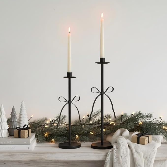 Black Taper Candle Holder Set of 2-Metal Bow Candle Sticks Holder Decor,Modern Tall Candle Holder,Decorative Candlesticks for Fireplace, Wedding, Holiday & Christmas