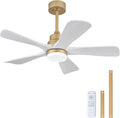BOJUE 42 Inch Ceiling Fans with Lights and Remote Control, White Gold Ceiling Fan with Light for Bedroom, Noiseless DC Motor, Dimmable Led 5 Solid Wood Blades