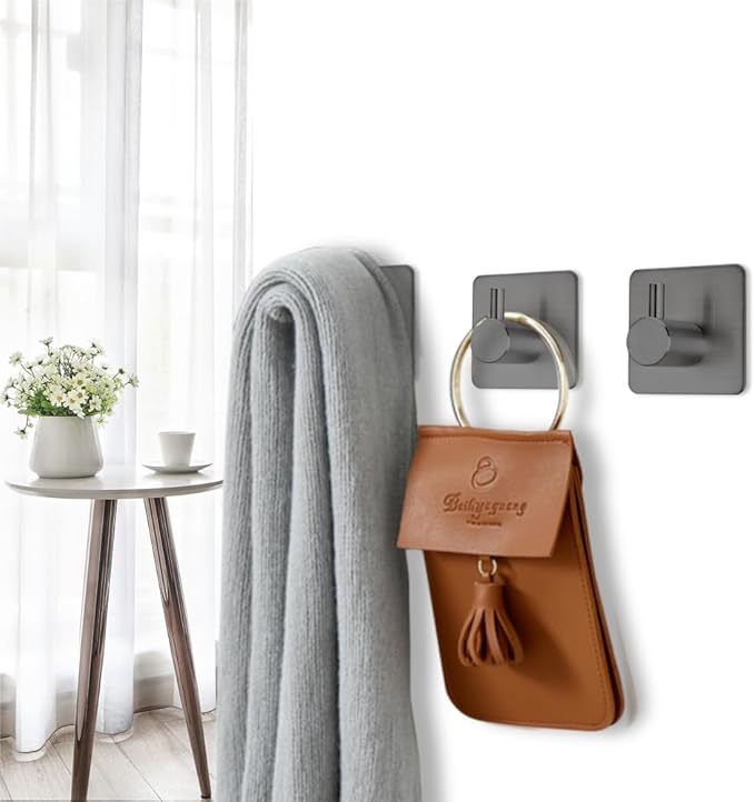 Adhesive Hooks Towel Hanger Wall Hooks for Hanging Coat, Hat,Towel Robe Hook Rack Wall Mount Waterproof Stainless Steel- Bathroom and Bedroom Gray 4-Packs