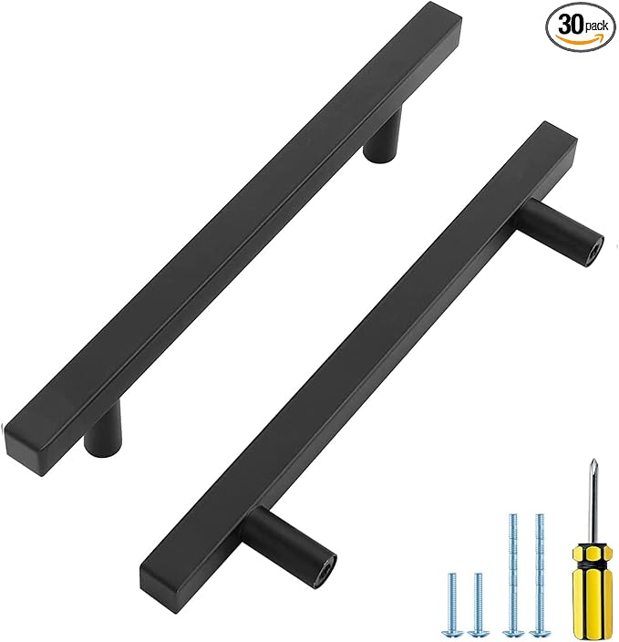 Ravinte Cabinet Handles 30 Pack - 5 Inch Matte Black Square Pulls, Modern Kitchen Hardware, 7-3/8 Inch Overall Length Drawer Pulls