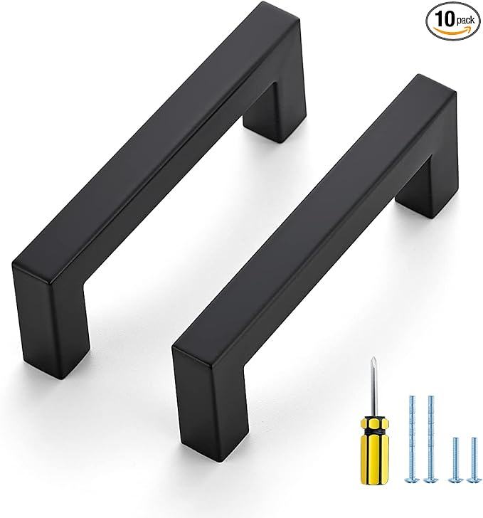 Ravinte 10 Pack Black Cabinet Pulls 3-1/2 Inch Square Kitchen Cabinet Handles Matte Black Kitchen Hardware for Drawer Pulls Drawer Handles Come with Screwdriver