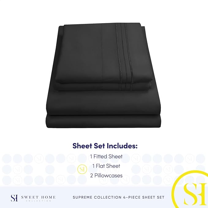 King Size Sheets - Breathable Luxury Bed Sheets with Full Elastic & Secure Corner Straps Built In - 1800 Supreme Collection Extra Soft Deep Pocket Bedding, Sheet Set, EXTRA DEEP pocket - King, Black