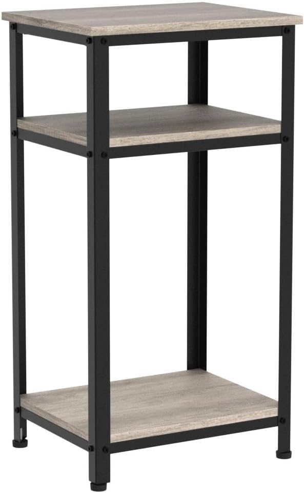 Yaheetech Tall End Table Set of 2, 18x14x29.5 inch Industrial Side Table with Strong Wooden Shelves, 2PCS Slim 3-Tier Telephone Table with Metal Frame for Living Room, Small Places - Gray