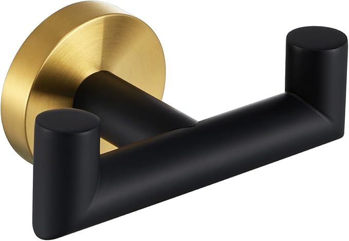 Angle Simple Double Towel Hook, Stainless Steel Hand Towel Holder for Bathroom, Coat Hook for Wall, Black and Gold