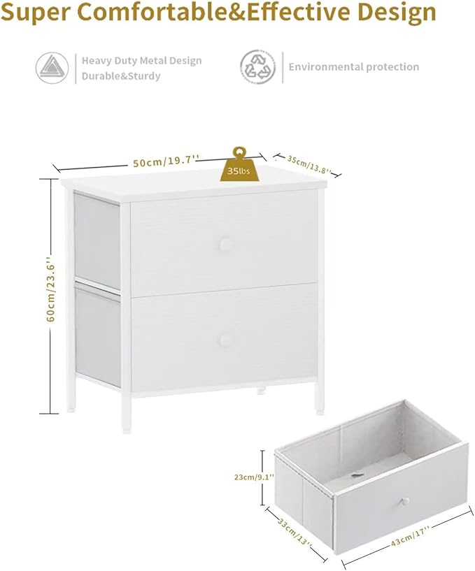 BOLUO White Nightstand with Drawer Dresser for Bedroom Nightstands,Night Stand and Dressers Sets End Table with 2 Fabric Drawers Organizer Modern