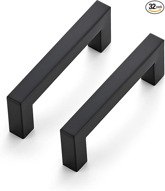 Ravinte 32 Pack 3-1/2 Inch Kitchen Square Cabinet Handles Matte Black Dresser Pulls Black Drawer Pulls Cabinet Hardware Kitchen Handles for Cupboard Drawers