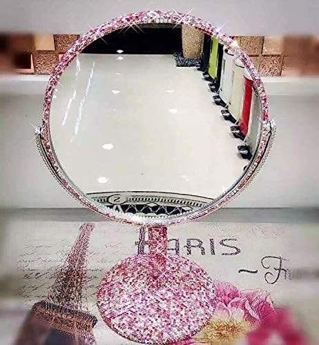 Bling Rhinestone Portable Magnified Double Sided Swivel Makeup Vanity Mirror, 360°Rotate Makeup Mirror Round Shaped Two-Sided Makeup Mirror (Pink)