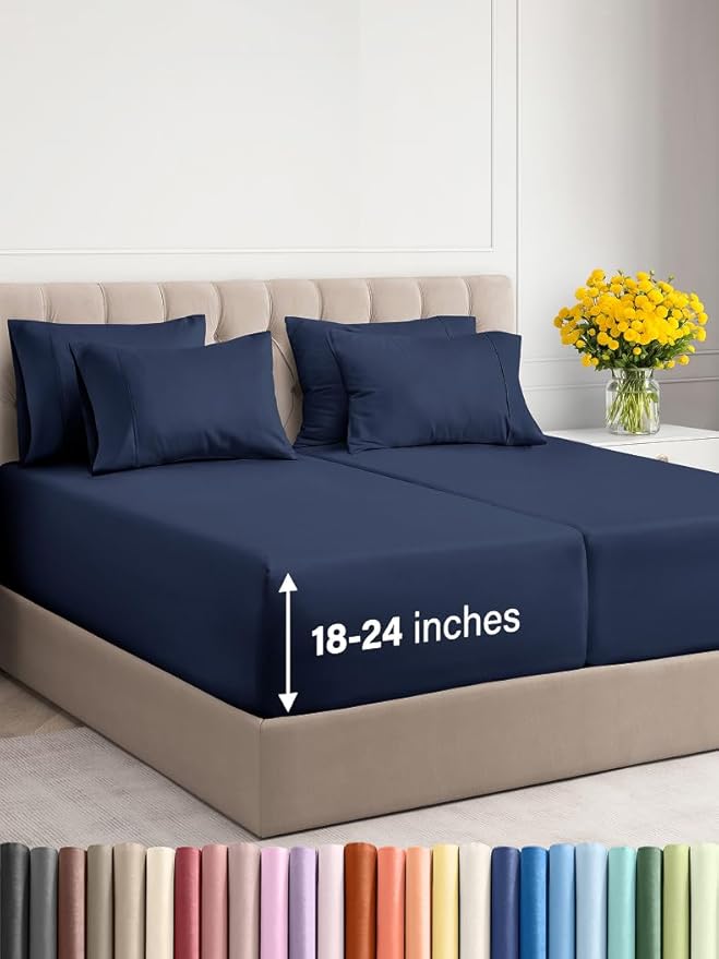 Extra Deep Split King Sheet Set - 7 Piece Breathable and Cooling Sheets - Hotel Luxury Bed Sheets Set - Easy Fit - Soft, Wrinkle Free and Comfy Sheets Set - Navy Blue Sheet Set with Extra Deep Pockets