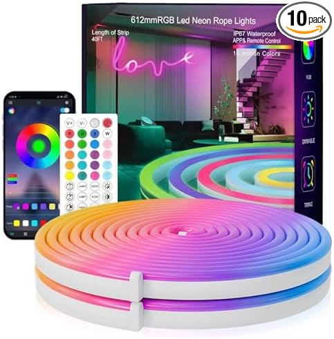 Neon Rope Lights, 19.68FT RGB Led Strip Lights, Waterproof IP67, DIY Design, Music Sync, 24 Keys Remote Control, Multiple Modes, for Living Room, Bedroom, Holiday Decoration