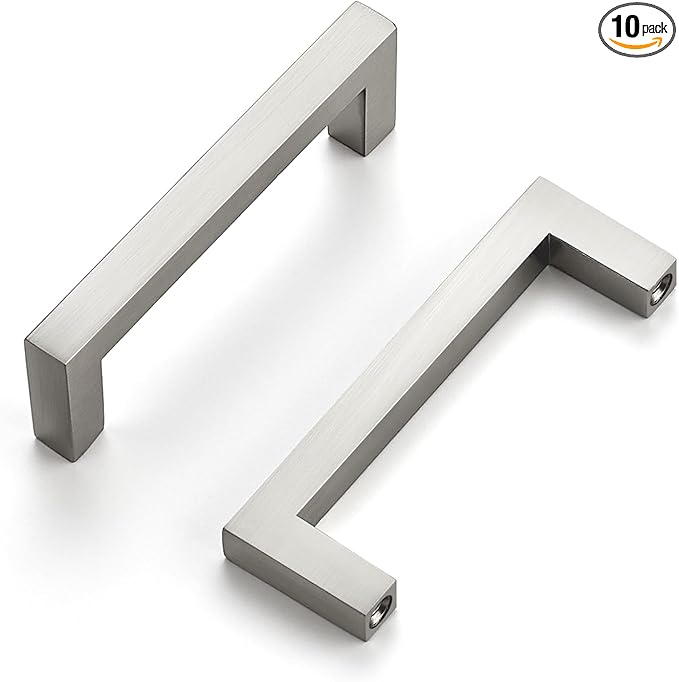 Ravinte 10 Pack Solid Kitchen Cabinet Handles Brushed Nickel Cabinet Pulls Slim Drawer Pulls with 3 Inch Hole Center Square Bar Kitchen Cabinet Hardware