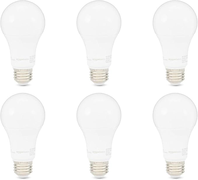 Amazon Basics A19 LED Light Bulbs, 100 Watt Equivalent, Energy Efficient 15W, E26 Standard Base, Soft White 2700K, Dimmable, 10,000 Hour Lifetime , 6-Pack