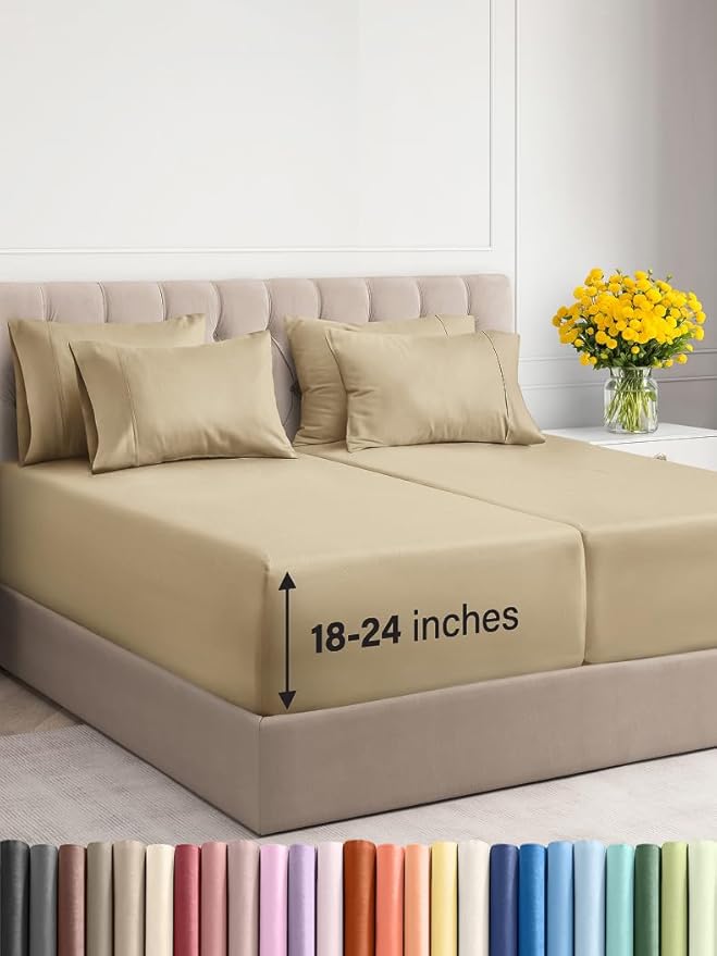 Extra Deep Split King Sheet Set - 7 Piece Breathable & Cooling Sheets - Hotel Luxury Bed Sheets Set - Easy & Secure Fit - Soft, Wrinkle Free & Comfy Sheets Set - Beige Sheet Set w/Extra Deep Pockets