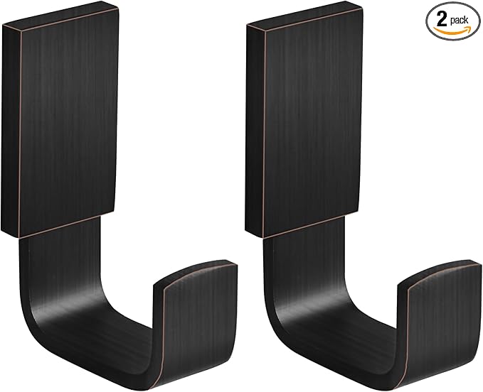 BESy Brass Clothes Hook Single Towel Hook for Bathroom Kitchen Garage Square Style Robe Hooks Coat and Hat Hook, Self Adhesive with Glue or Wall Mounted with Screws, Two Packs, Oil Rubbed Bronze