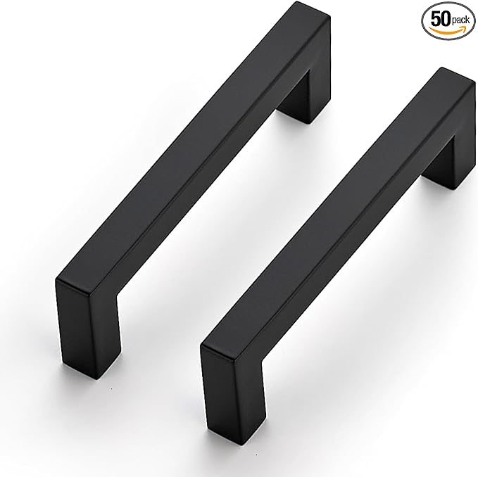 JOY DECOR 50 Pack Cabinet Handles, Black Cabinet Pulls, 3-3/4 Inch Kitchen Closet Handles Square Drawer Pulls Stainless Steel Drawer Hardware, 96mm Hole Centers