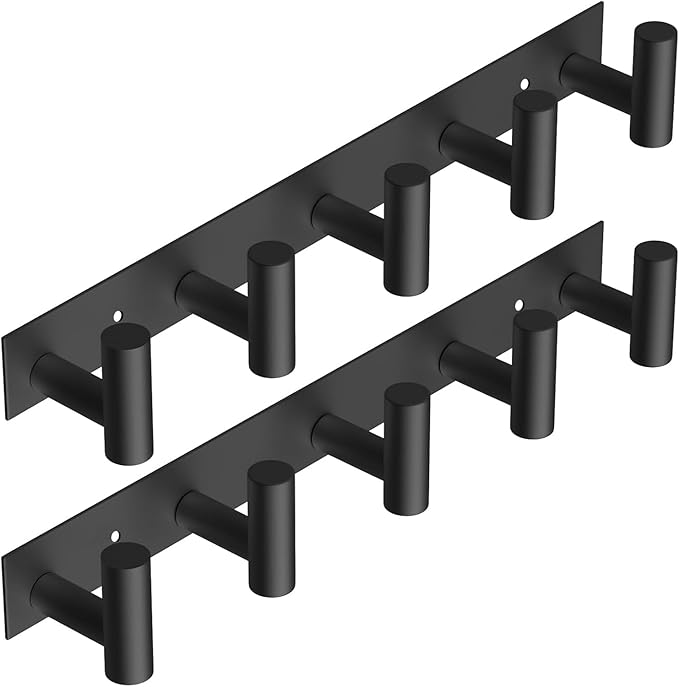 VAEHOLD Black Hat and Coat Wall Mount Rack 5 Hooks for Robes, Bags, Keys, and Towels Bathroom Towel Hanger Organizer (2 Pack)