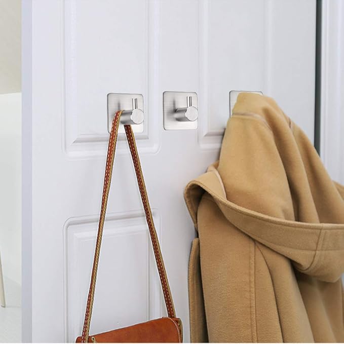 Adhesive Towel Hooks Heavy Duty Wall Hooks Waterproof Stainless Steel Hanger for Hanging Coat, Hat, Towel Robe Hook Rack Wall Mount- Bathroom and Bedroom 4-Packs