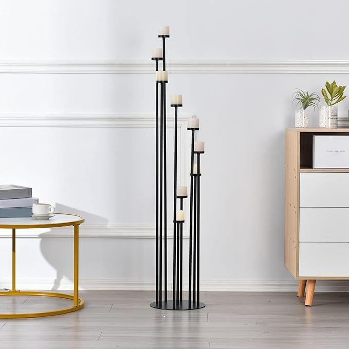 Black 9 Arm Floor Candle Holder Candelabra for Home Decor, Weddings, Dinner Parties Formal Events