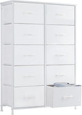 Sweetcrispy 10 Drawer Fabric Dresser Tall Chest Storage Organizer Tower with Cabinet Metal Frame and Wood Top Lightweight Nursery Closet Furniture for Bedroom,Cream White