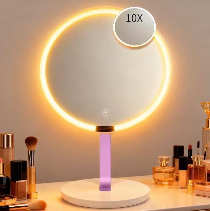 9.65-inch Lighting Makeup Mirror, 1x / 10x, Touch Control, 3-Color Adjustable, Metal Stand, up and Down Adjustable Makeup Mirror,High Color Rendering, Eye-Protecting Light Source,Pink