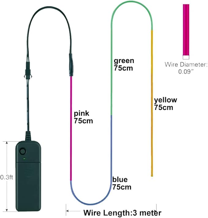 MaxLax EL Wire Mutilcolor, 9.8ft/3m Portable Battery Pack Neon Light Strip 360° Cuttable Glowing Rope Lights for Parties, Halloween, DIY Decoration