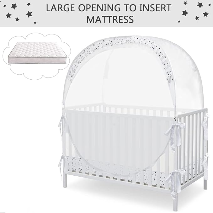 Baby Pop Up Crib Tent, Crib Net to Keep Baby from Climbing Out, Crib Canopy Cover Against Falling and Bites, Strong Frame & Soft Breathable Mesh, White+stars