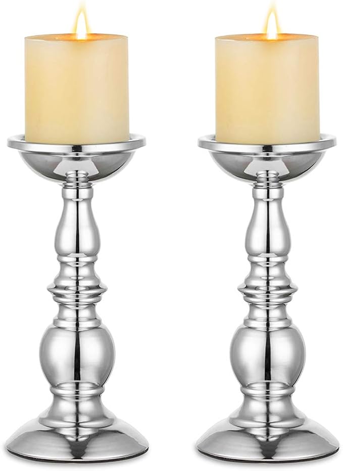 Nuptio Silver Pillar Candle Holders, Wedding Centerpieces Metal Candle Holder for 3 inches Candles Stand Decoration Ideal for Weddings Special Events Parties Living Room, 2 Pcs