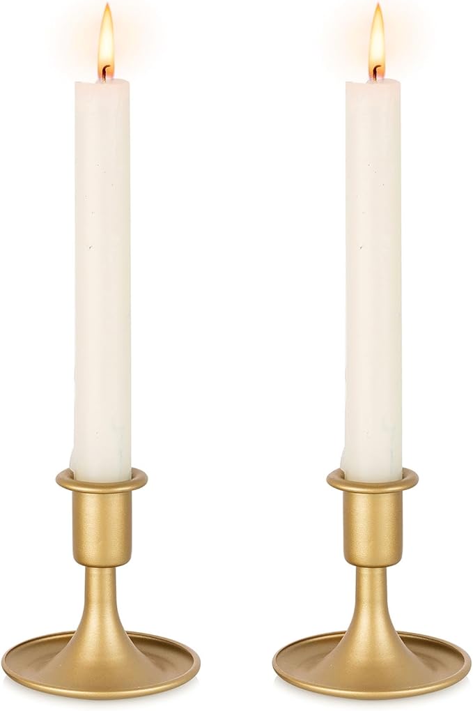Gold Taper Candle Holder Vintage: Small Candle Sticks Holder Decor Brass Candlestick Holders for Home Dinning Table Wedding Centerpiece Holiday Party Chrismas Mantel Set of 2
