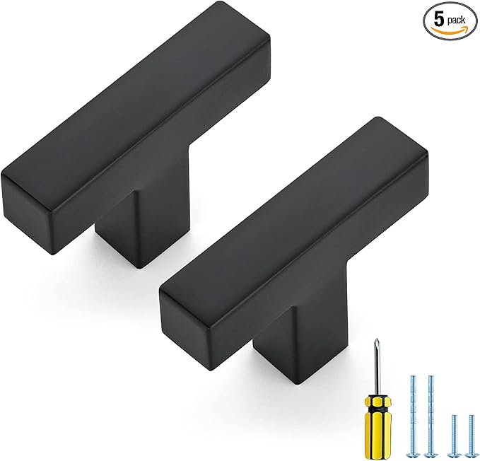 Ravinte 5 Pack Black Cabinet Pulls Single Hole Square Kitchen Cabinet Handles Matte Black Kitchen Hardware for Drawer Pulls Drawer Handles Come with Screwdriver