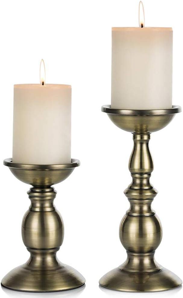 Bronze 2 Pcs Iron Pillar Candle Holders, Most Ideal for 3" Pillar Candles, Gifts for Wedding, Party, Home, Spa, Reiki, Votive Candle (S + L)