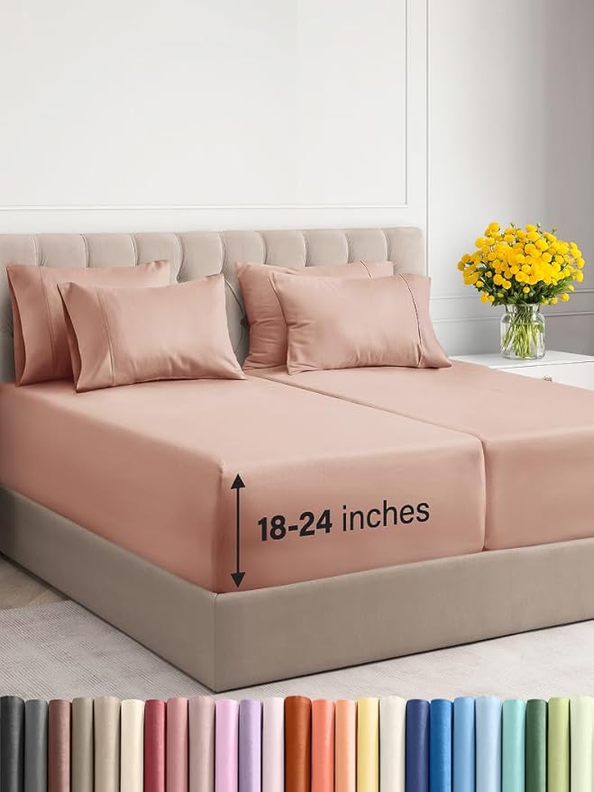 Extra Deep Split King Sheet Set - 7 Piece Breathable & Cooling Sheets - Hotel Luxury Bed Sheets Set - Easy & Secure Fit - Soft, Wrinkle Free & Comfy Sheets Set - Mauve Sheet Set w/Extra Deep Pockets